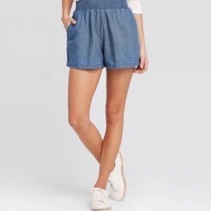 Women's Denim-Look Elastic Waist Cotton Shorts - Blue